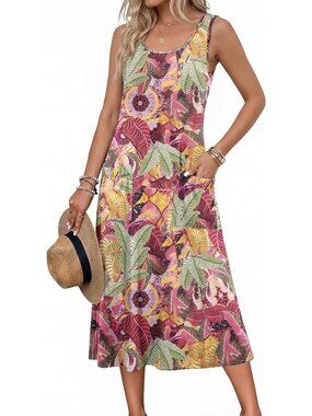 Women's Green Leaf Crewneck Midi Summer Sleeveless Dress Beach Casual Sundress